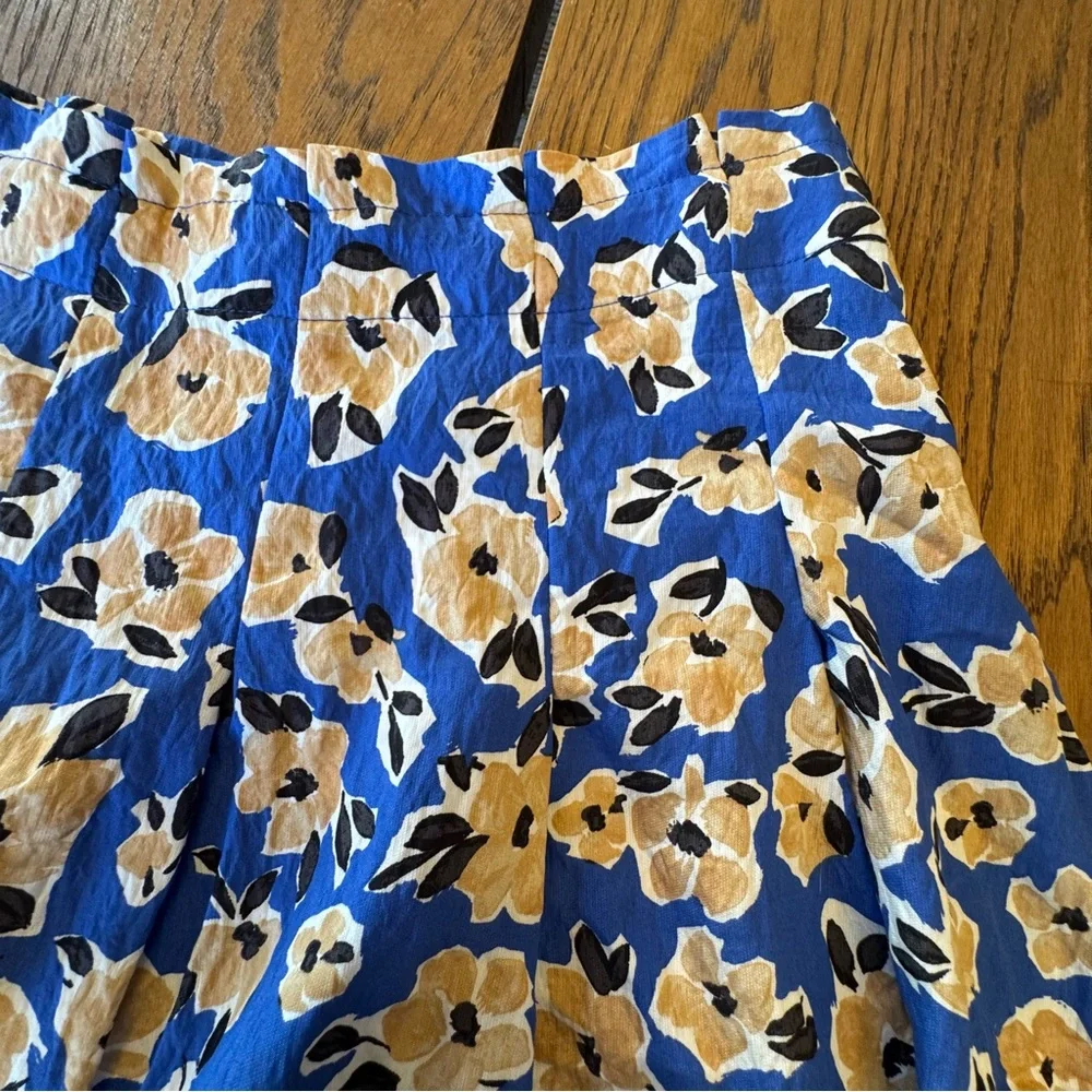 Ann Taylor Blue Floral A-Line‎ Skirt Paperbag Pleated Midi Skirt